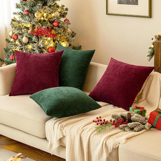MIULEE Pack of 2 Christmas Dark Green Decorative Pillow Covers 18x18 Inch Soft Chenille Couch Throw Pillows Farmhouse Cushion Covers for Home Decor Sofa Bedroom Living Room