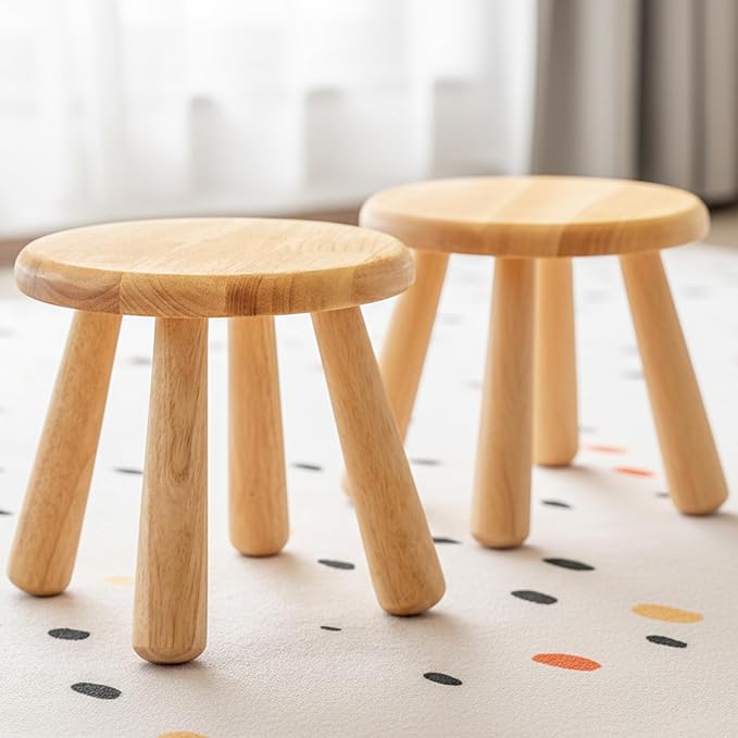 2 Pack Small Solid Wood Stool, Round Wooden Step Stool, Plant Stand or Stool for Kids and Adults, Sturdy Non-Slip Wood Seat for Bathroom, Bedroom, Living Room, Easy to Assemble, Natural