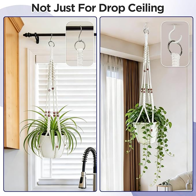 2 Pack Macrame Plant Hanger with Drop Ceiling Hooks, Hanging Planter with Wooden Bead, No Tassels for Indoor Outdoor Boho Office Classroom Decor, 35 Inches (Pots Not Included)