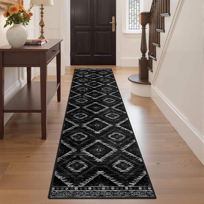 Area Rug 2x10 Rug Machine Washable Non-Slip Low Pile Print Pattern Western Rug for Living Room Bedroom Entryway Tribal Series-Black