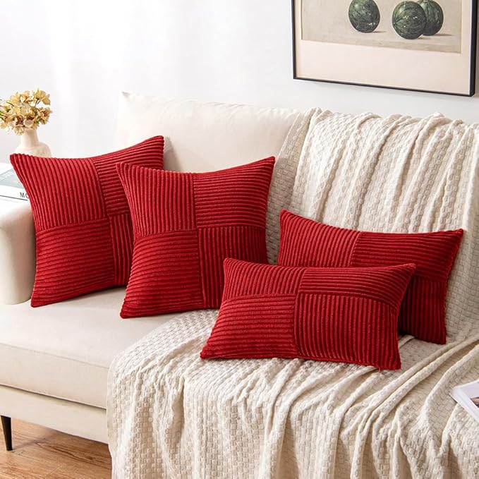 MIULEE Christmas Red Decorative Throw Pillow Covers 18x18 Inch for Couch Bed Sofa Pack of 2 Boho Farmhouse Throw Pillows Soft Cross Corduroy Patchwork Textured Cushion Cases