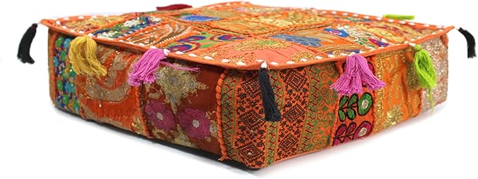 Mam Treasures Indian Bohemian Decorative Pillow Vintage Cushion Cover Patchwork Square Floor Pillow Cover Meditation Cushion Large Floor Pillow Indian Cushion (Orange, 22 X 22 X 5 Inch)
