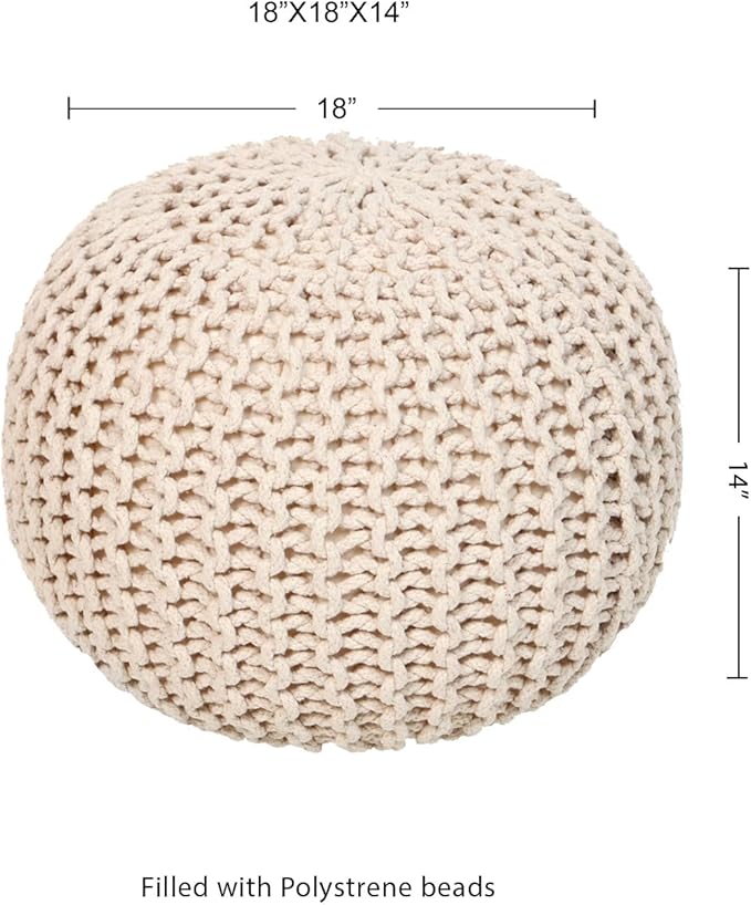 REDEARTH · Round Pouf Ottoman - Hand Knitted Cable Boho Poof Home Décor Pouffe Circular Footrest for Living Room - Nursery - Bedroom - Lounge 100% Cotton (18”x18”x14”) - Ivory, Set of 2