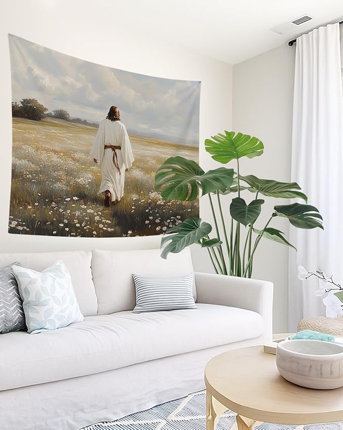 bitCNY Jesus in Field Tapestry 60x50 Inches – Solitude Christian Wall Art, Peaceful Religious Tapestry for Bedroom Living Room, Faith Journey Decor