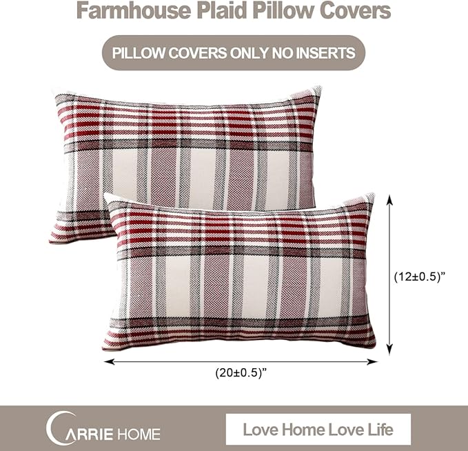 CARRIE HOME Red Tartan Plaid Christmas Lumbar Pillow Cover 12x20 Set of 2 Farmhouse Buffalo Plaid Red Striped Lumbar Throw Pillow Cover for Living Room Couch Sofa