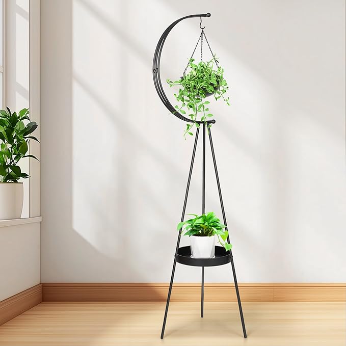 airogym Plant Stand, Metal Plant Holder Indoor Outdoor, Modern Iron Flower Pots Rack, Multifunctional Planter Display Shelf with Hanging Planters for Garden Patio Room, Corner Balcony Decor (Black)