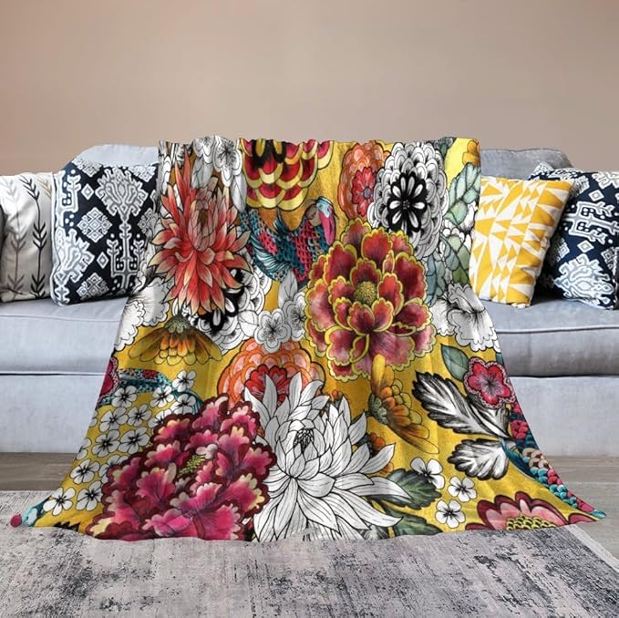 Boho Floral Throw Blanket Bohemian Colorful Flowers Print Mandala Blanket for Sofa Bed Couch Chair Or Dorm 60"x80"