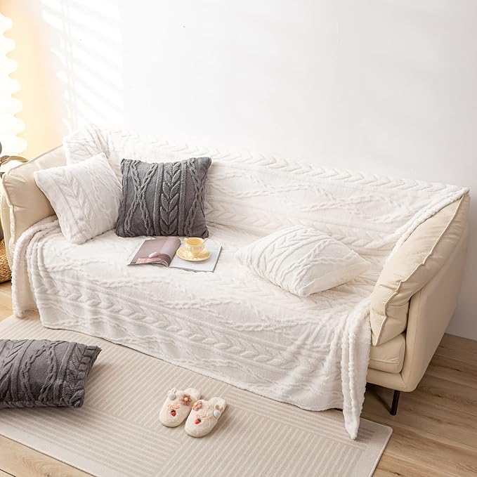 YUSOKI Sherpa Large Throw Blanket Single Layer,Light Weight(1.7lb),370GMS-3D Stylish Design for Gift Home Decor (Ivory,50"x65")