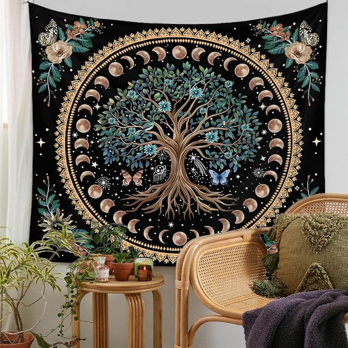 Jhdstore Moon Phase Tree of Life Tapestry Mandala Tapestry for Bedroom Aesthetic Celestial Decor Boho Spiritual Tapestries Wall Hanging Living Room Decor 36"x48"