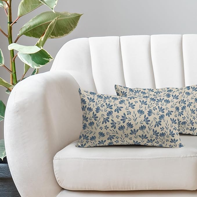 Light Blue Floral Pillow Covers 12x20 Set of 2 Vintage Rustic Old Style Cute Small Flower Blue Cream Print Decorative Outdoor Pillowcases Farmhouse Throw Cushion Case Decor for Couch Sofa Bed