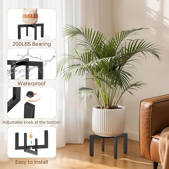 2Pack Adjustable Plant Stand Indoor Outdoor,Metal Modern Plant Stands, Plant Stand with Adjustable Feet,Low Short Plant Stands,Fit 8-12 inch Pots,Black (Pot & Plant Not Included)