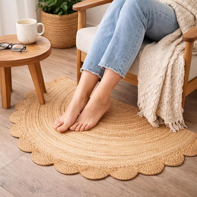 Savi Home Half Hand Woven Area Rug Braided Jute Scalloped Border, Decor Collection Classic Quality Made for Living Room, Kitchen, 22x42 - Natural