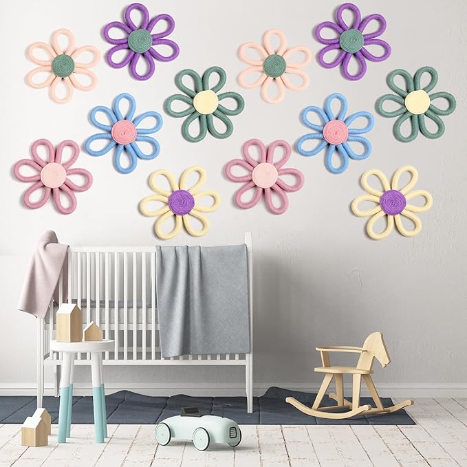 Ripeng 6 Pcs Boho Nursery Decor Flower Daisy Wall Art 6 Inch Woven Macrame Wall Hanging Bohemian Flower Decor Daisy Nursery for Baby Girls Kids Home Bedroom(Vivid Colors)