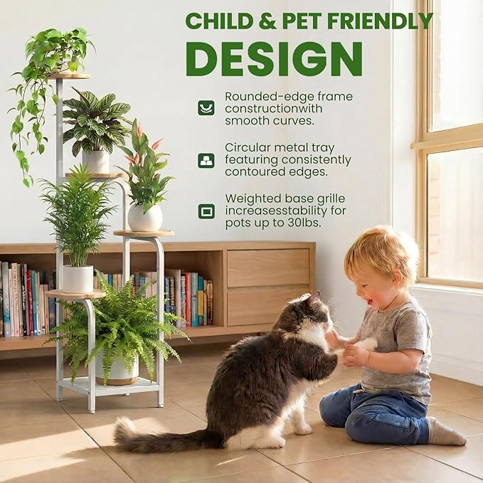 TOSKING 5 Tier Metal Anti-Tip Plant Stand indoor, Wide Base for Pots, Child and Pet Friendly ,Heavy Duty Plant Shelf , Corner Shelf, Flower Pot Stand for Multiple Plants, Indoor Plants Tiered Stand for Living Room Balcony Garden Patio Bedroom (White an...