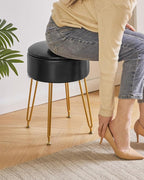 IBUYKE Faux Leather Round Footrest Stool with Storage Ottoman, Makeup Vanity Chair Side Table, PU Dressing Table Seat, Removable Cover, Golden Steel Legs, Black WBD024B