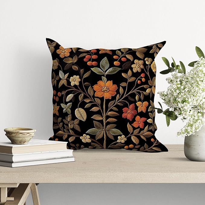William Morris Abstract Vintage Print Floral Velvet Design Throw Pillow Covers Home Decor, Retro Art Decor Pillowcase Cushion Cover for Bed Sofa Living Room, Square 18x18inch (Black-Floral)