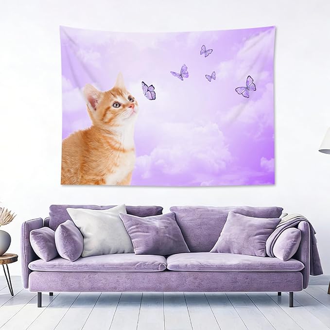 LB Funny Cat Butterfly Wall Tapestry Cute Cat with Butterfly on Fantasy Cloud Purple Sky Tapestry Animal Wall Decor for Bedroom Living Room Dorm 60Wx40L