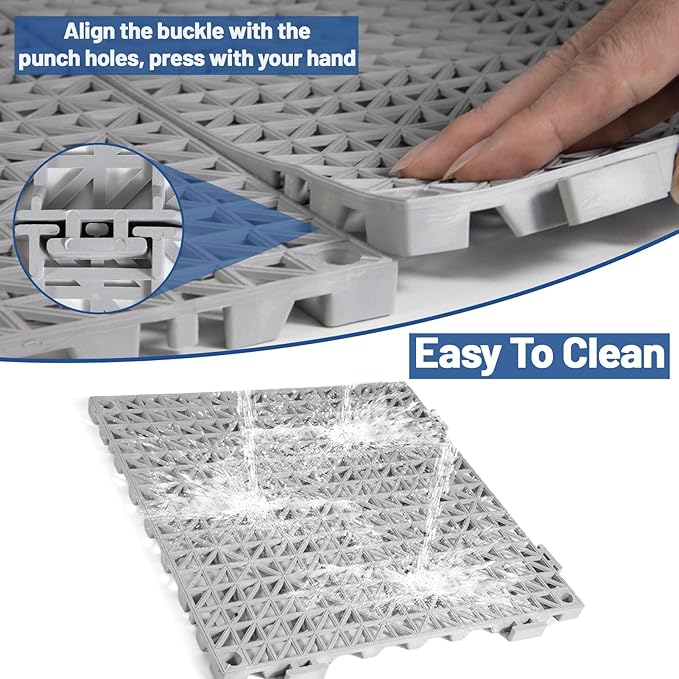 12PCS Drainage Interlocking Floor Tiles 11.8" x 11.8", Modular Interlocking Cushion Soft PVC Floor Non-Slip Splicing Waterproof Mat for Pool, Shower, Patio, Balcony, Bathroom, Kitchen, Yard（Grey）