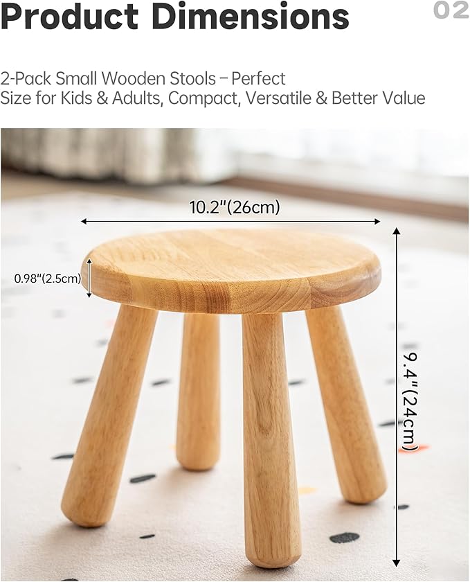 2 Pack Small Solid Wood Stool, Round Wooden Step Stool, Plant Stand or Stool for Kids and Adults, Sturdy Non-Slip Wood Seat for Bathroom, Bedroom, Living Room, Easy to Assemble, Natural