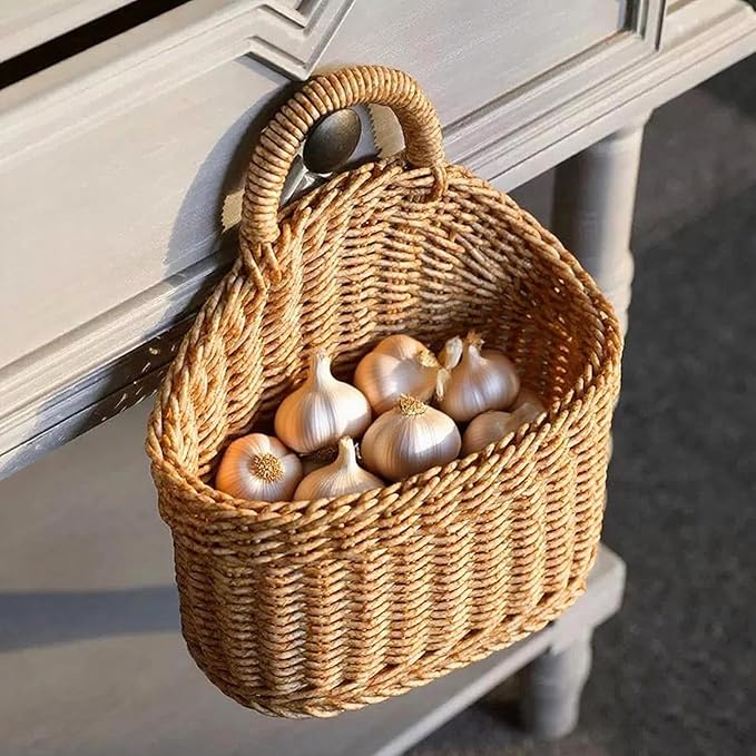 Hanging Basket Plastic Woven Wall Basket, Decorative Front Door Baskets for Flowers Plants, Small Wicker Basket for Organizing