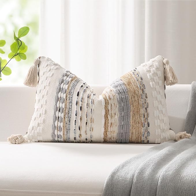 Kevin Textile Spring 12x20 Inch Lumbar Throw Pillow Cover 1 Pack Boho Decorative Soft Chenille Thread Woven Tufted Textured Rectangle Cushion Case Accent for Living Room Couch Sofa Bed, Beige