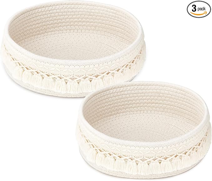 Mkono 2 Pack Macrame Storage Baskets Decorative Woven Cotton Rope Basket for Shelves Countertop Organizer Boho Decor for Organizing Living Room Bedroom Entryway