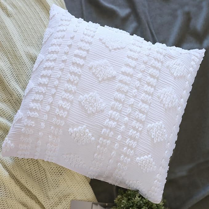 White Euro Sham Covers Shabby Chic Boho Tufted 26x26 Set of 2 Euro Pillow Covers Poms Diamonds Moroccan Embroidery Decorative European Large Pillow Cover