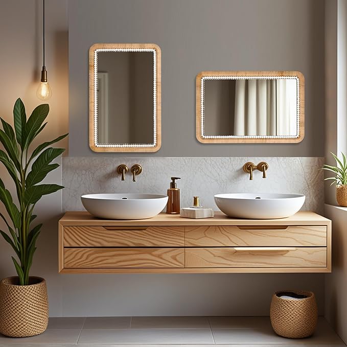 FUIN 30x20 Inch Rattan Wall Mirror with White Bead Trim, Handmade Boho Bathroom Vanity Mirror, Natural Rectangular Hanging Mirror for Bedroom, Living Room, Entryway, Vertical or Horizontal Mount