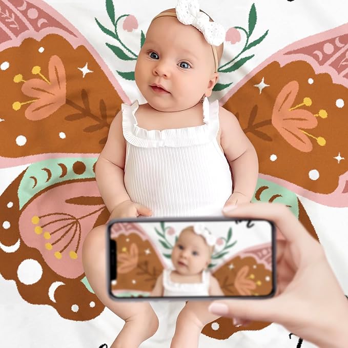 Boho Baby Blanket Butterfly Monthly Milestone Bohemian Floral Girl Photo Prop Sage Green and Pink Blanket Ideas for Personalized Baby Stuff Shower Newborn Decorations Nursery Gift Decor Mom