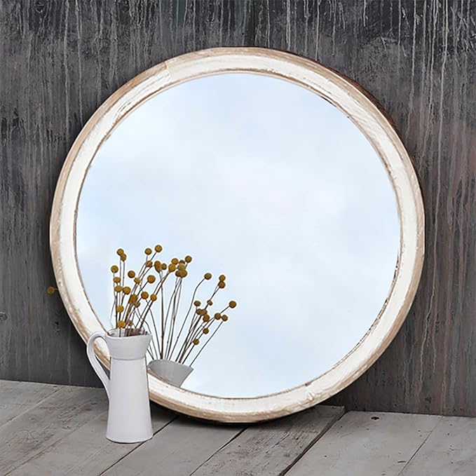 24 Inch Farmhouse Wooden Round Wall Mirror for Home Decor, Rustic Decorative Circle Mirrors for Bathroom Over Sink, Bedroom, Entryway, Living Room, Kithen, Office