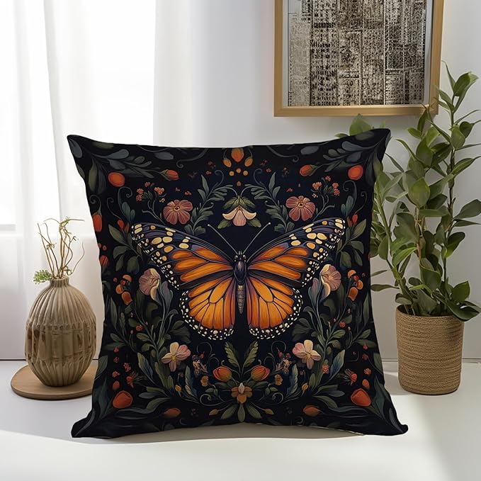 William Morris Abstract Vintage Floral Velvet Butterfly Design Throw Pillow Covers Home Decor, Retro Art Decor Pillowcase Cushion Cover for Bed Sofa Living Room, Square 18x18inch (Black-Butterfly)