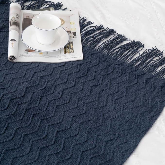 BATTILO HOME Navy Blue Throw Blanket for Couch, Textured Soft Navy Throw, Decorative Knitted Navy Blanket Throw for Sofa Bed Living Room, 50"x60"