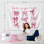 LIANGW Pink Coquette Bow Christian Tapestry, Indoor Outdoor Wall Art Tapestry for Bedroom, Inspirational Christian Tapestries for Women, Girl Room Decoration Living Room Bedroom 50x60 inches