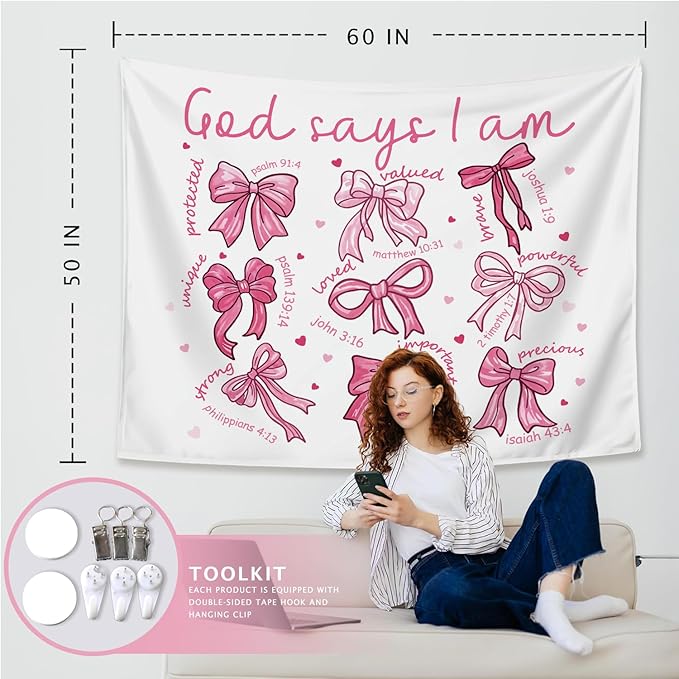 LIANGW Pink Coquette Bow Christian Tapestry, Indoor Outdoor Wall Art Tapestry for Bedroom, Inspirational Christian Tapestries for Women, Girl Room Decoration Living Room Bedroom 50x60 inches