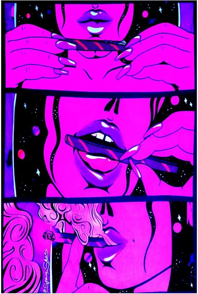 Blacklight Trippy Tapestry for Bedroom Cool Cute Girl Anime Wall Tapestry Aesthetic UV Reactive Purple Tapestries Glow In The Dark Art Wall Hanging Poster for Room Decor 39"x60"
