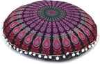 CRAFT KALA Mandala Floor Pillow Cushion Cover Seating Throw Cover Hippie Decorative Bohemian Ottoman Poufs Pom Pom Pillow Cases Boho Indian Cotton Living Room Yoga Home Décor (24" Round, Pink Mirchi)