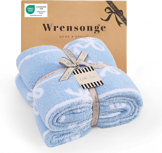 WRENSONGE Throw Blanket Vertical Stripes Bowknot Blue Soft Cozy Fluffy Warm Throw for Couch Sofa Bed Camping Picnic Travel Lightweight - 50"*60"
