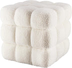 White Square Ottoman 17''3 Cube Pouf Installed,no Vacuum,Sturdy Wooden Frame,Capacity 330 lbs,Modern Sofa Stool Fuzzy Sherpa Footstool,Foot Rest,Cube Boucle,Vanity Stool,for Couch Living Room