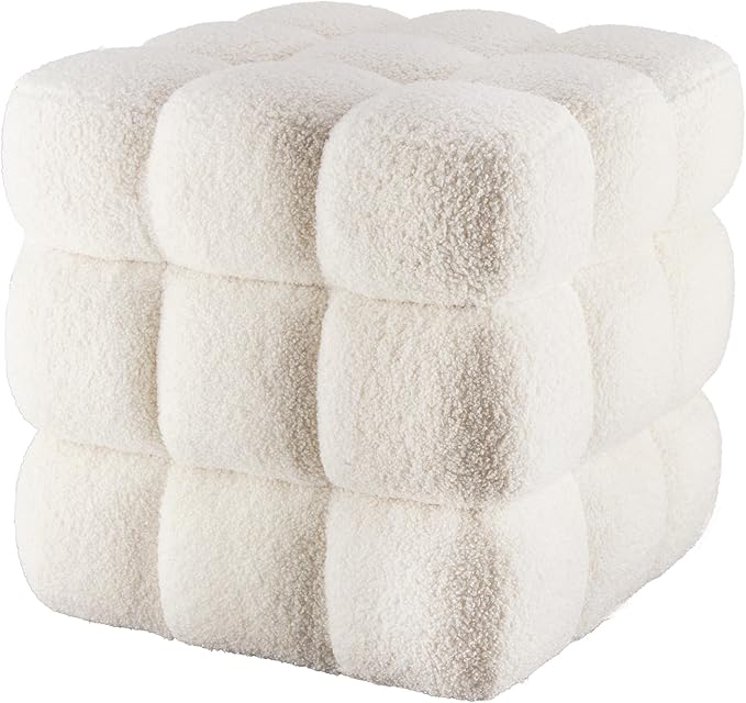 White Square Ottoman 17''3 Cube Pouf Installed,no Vacuum,Sturdy Wooden Frame,Capacity 330 lbs,Modern Sofa Stool Fuzzy Sherpa Footstool,Foot Rest,Cube Boucle,Vanity Stool,for Couch Living Room
