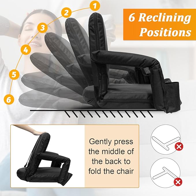 Stadium Seats for Bleachers with Upgraded Armrests and Strong Back Support, Bleacher Seats with Extra Wide Cushion, 6.6LBS Lightweight, 6 Reclining Positions, Floor Chair for Indoor Outdoor (Black)