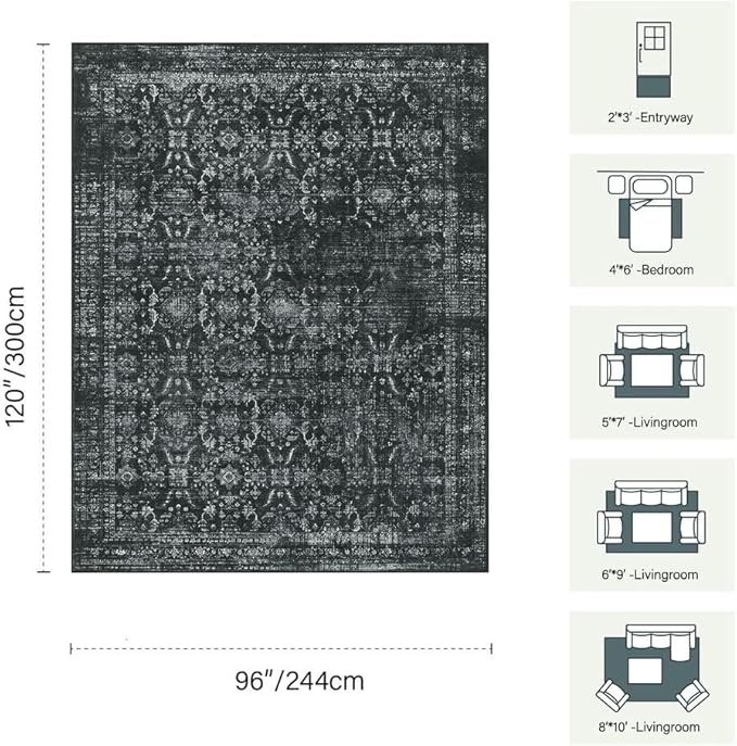8x10 Area Rugs for Living Room Bedroom, Large Washable Rug, Black Vintage Floral Boho Rug, Non Slip & Low Pile Faux Wool Thin Carpet for Indoor Dining Room and Kids Room(Black 8x10ft)