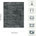 8x10 Area Rugs for Living Room Bedroom, Large Washable Rug, Black Vintage Floral Boho Rug, Non Slip & Low Pile Faux Wool Thin Carpet for Indoor Dining Room and Kids Room(Black 8x10ft)