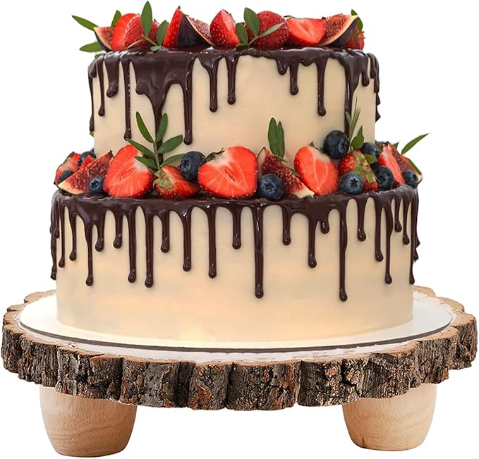 Frcctre 11 Inch Wood Cake Stand, Round Wooden Cupcake Pedestal, Paulownia Woods Slice with Legs, Rustic Cake Holder Wooden Serving Tray Serving Board Display Wood Plant Stand