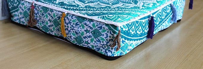 ICC Large Square Cotton Mandala Cushion Cover Hippie Ottoman Pouf Cover Daybed Floor Pillow Cover with Heavy Duty Zipper Seating Ottoman Poufs Dog-Pets Bed (Green Ombre, 18" Square)
