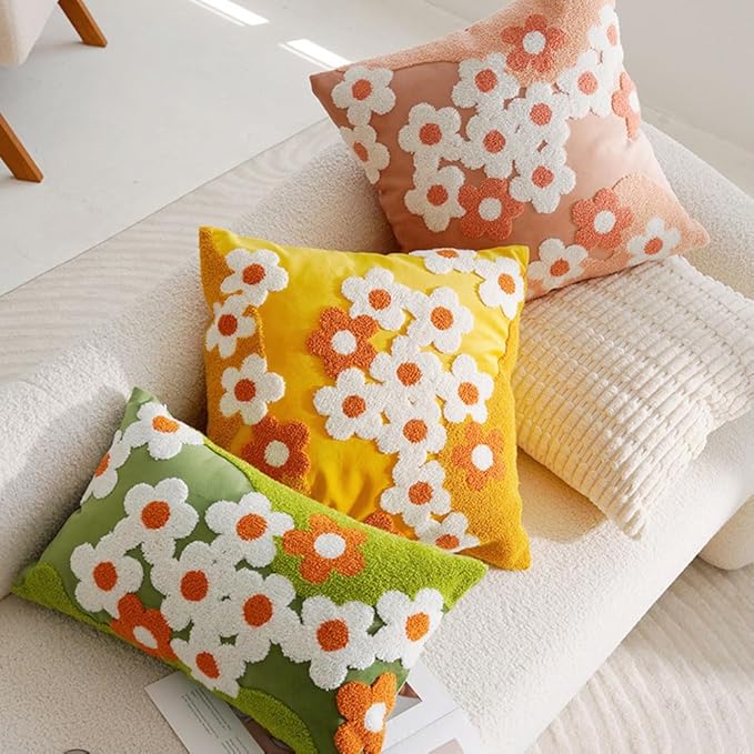 vctops Spring Floral Tufted Decorative Throw Pillow Covers Cute Flower Square Pillow Cases Soft Velvet Couch Cushion Cover for Chair Sofa Bedroom Living Room Home Decor (Yellow,18"x18")