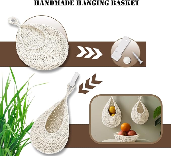 Hanging Fruit Basket Set of 3, Boho Wall Hanging Storage Basket for Organizing, Handmade Teardrop Hammock Holder for Fruit Vegetable in Home & Restaurant Kitchen with Hooks, White Cotton