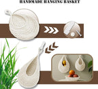 Hanging Fruit Basket Set of 3, Boho Wall Hanging Storage Basket for Organizing, Handmade Teardrop Hammock Holder for Fruit Vegetable in Home & Restaurant Kitchen with Hooks, White Cotton