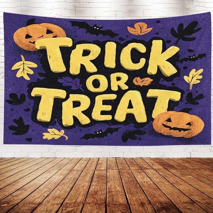 EMMTEEY Halloween Wall Tapestry Trick or Treat Ceiling Tapestry 92.5X70.9 Huge Wall Art for Bedroom Living Room Fall Backdrop