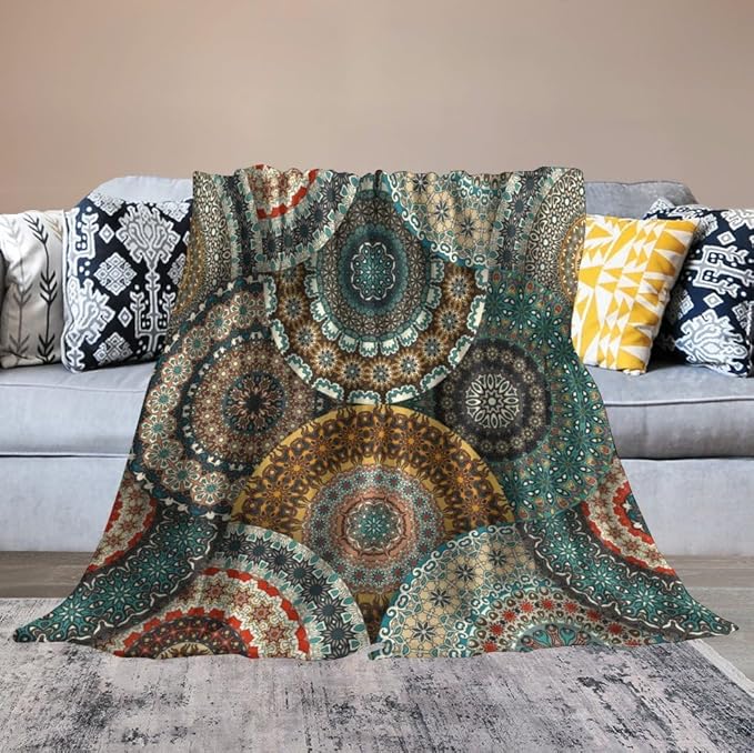 Bohemian Throw Blanket Colorful Vintage Floral Mandala Flower Aztec Boho Blanket for Sofa Bed Couch Chair Or Dorm 50"x60"