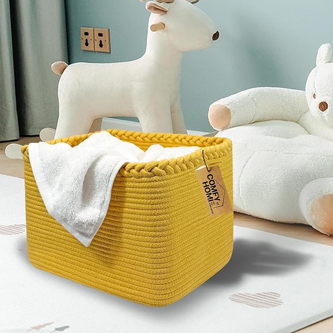 COMFY-HOMI Square Woven Cotton Rope Basket for Organizing, Gift Baskets for Handles, Empty Gift Baskets, Toy Basket for bins|13.5" x 11" x 9.5" home decor for Living Room, Bathroom